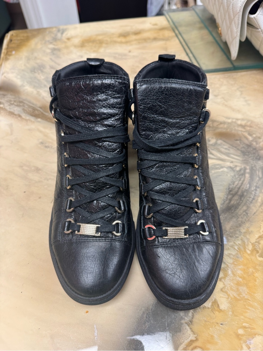 Balenciaga Black Leather High-Top Boots with Metal Eyelet Accents - Picture 1 of 6